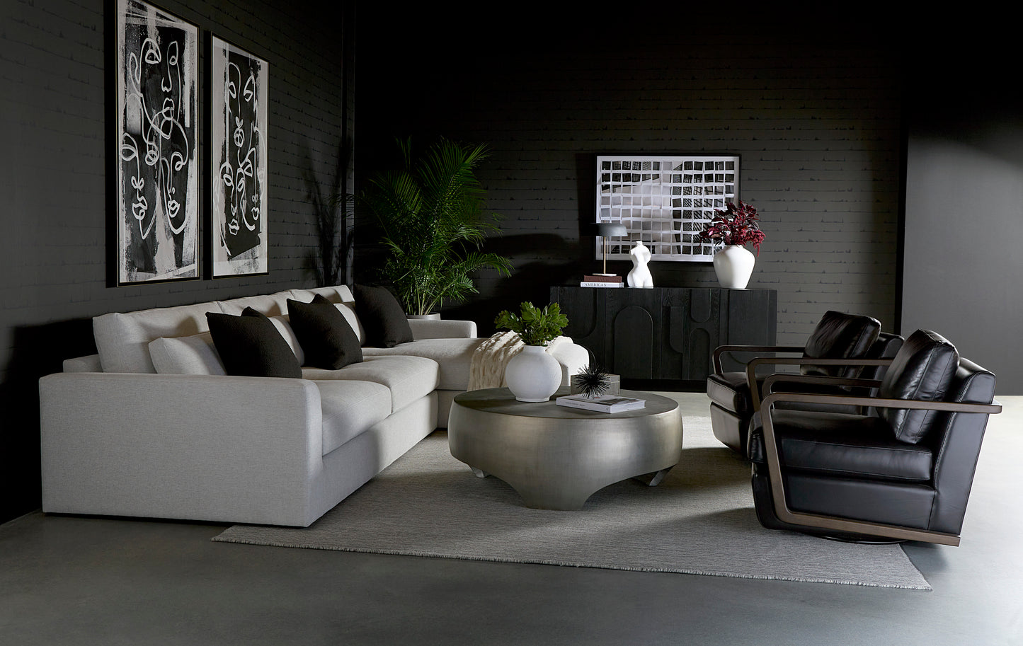 NAHLA CASTELL SWIVEL LOUNGE CHAIR - BROWN - CORTINA BLACK LEATHER