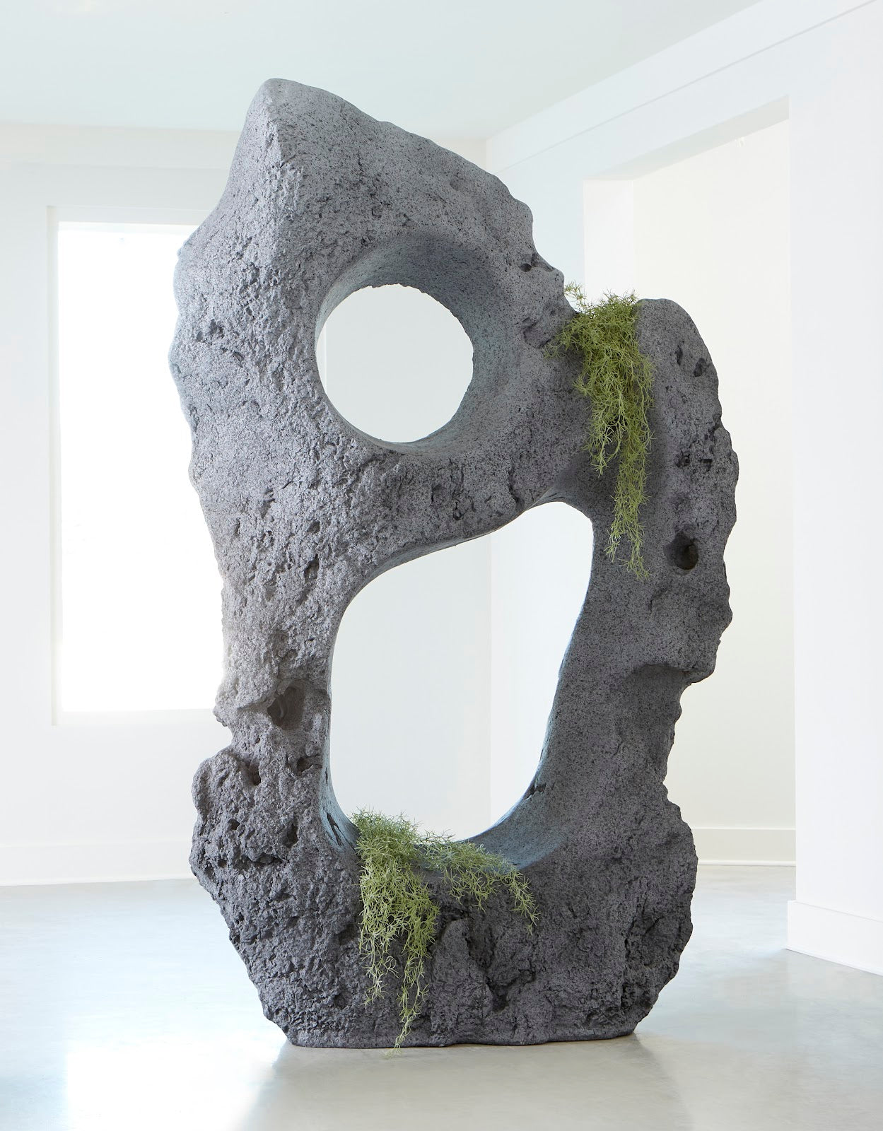 Colossal Cast Stone Sculpture, Two Holes, Charcoal Stone