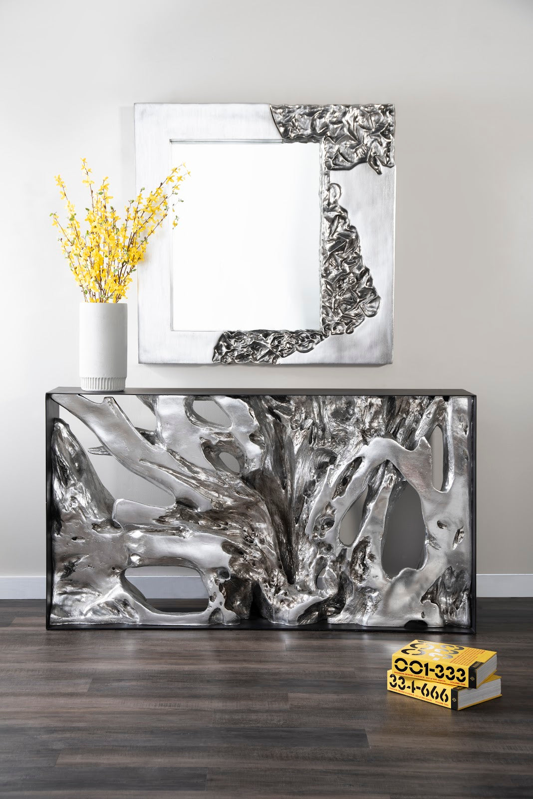 Cast Root Metal Framed Console Table, Resin, Silver Leaf, SM