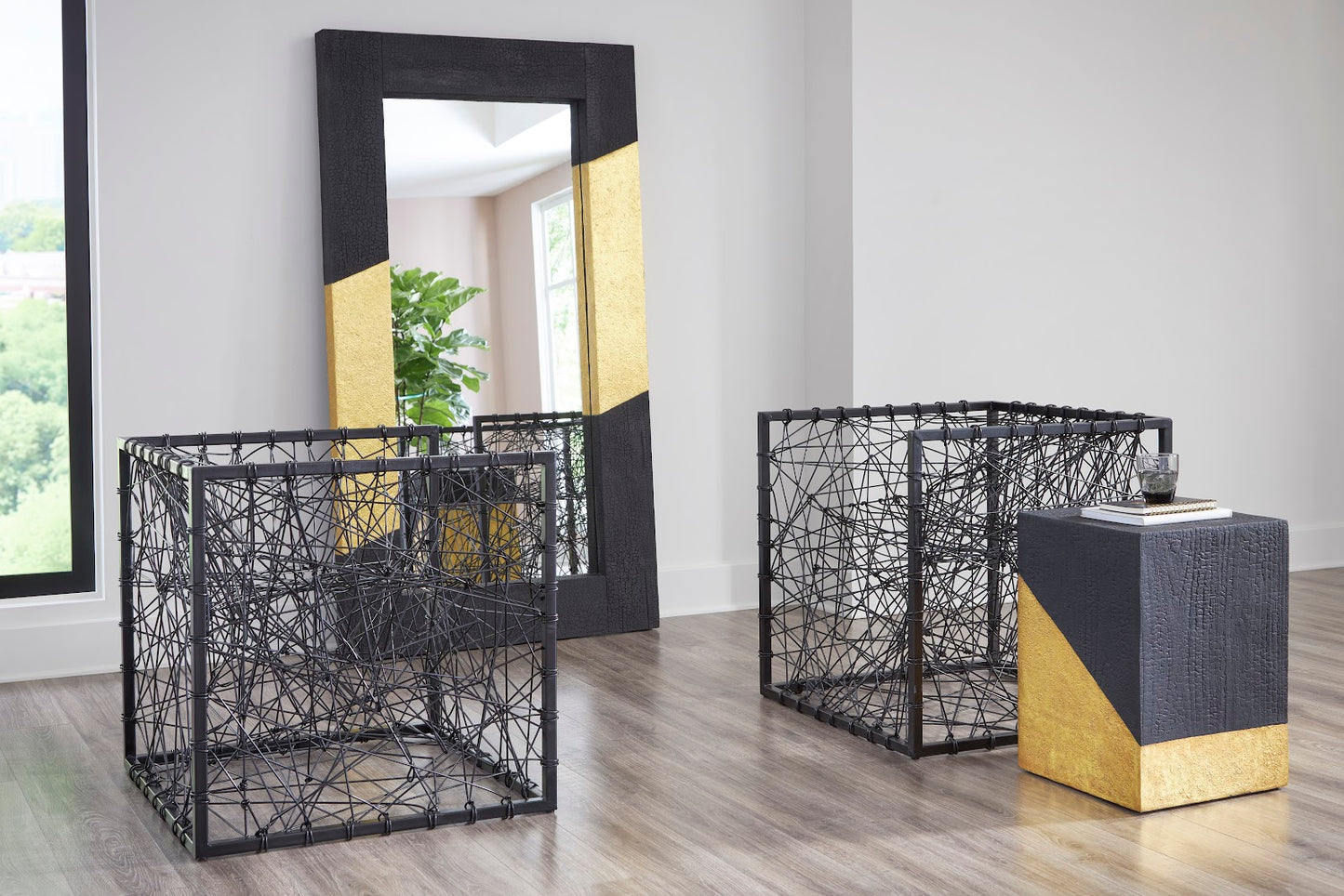 Scorched Mirror, Rectangle, Black and Gold Leaf