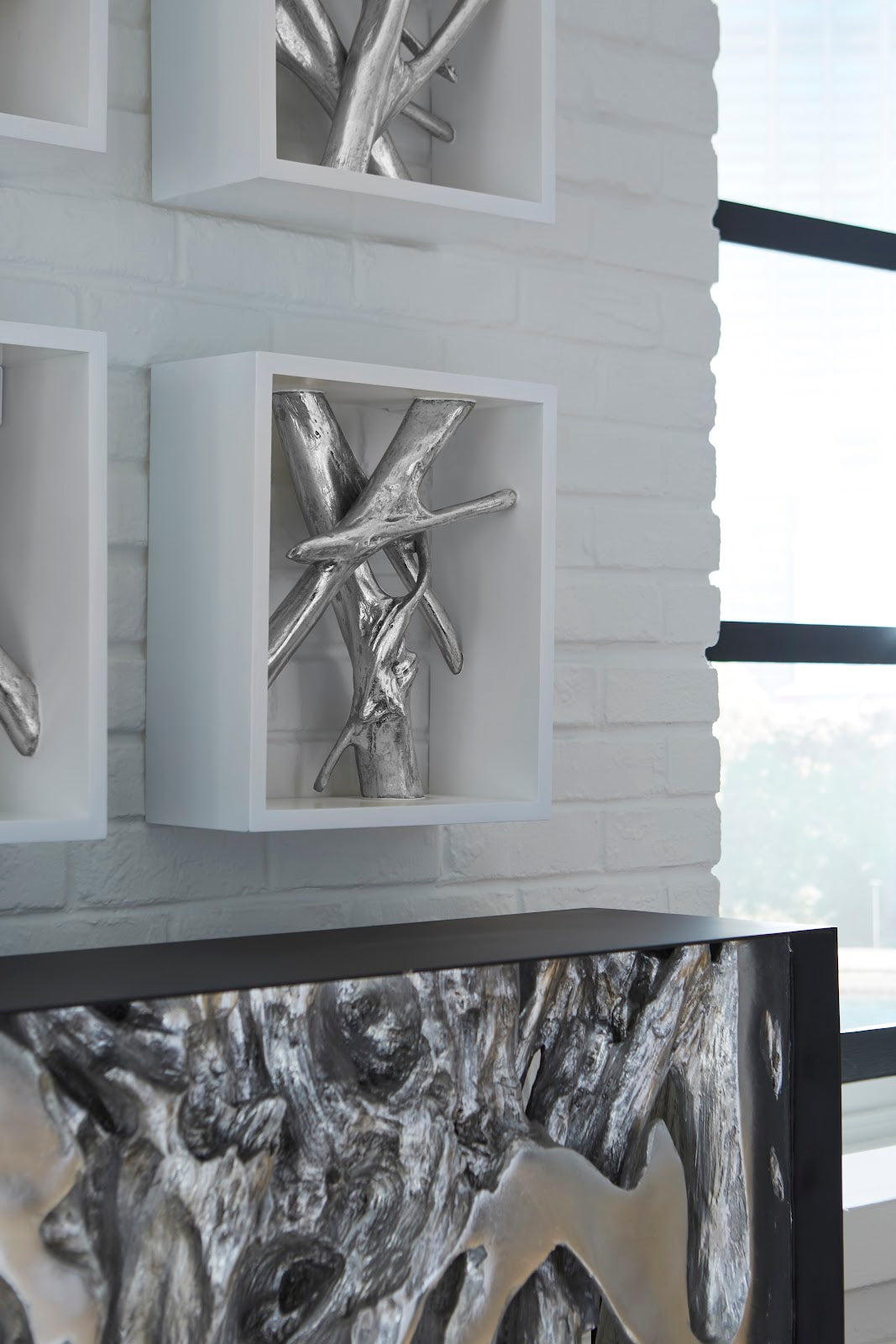 Framed Branches Wall Tile, White, Silver Leaf
