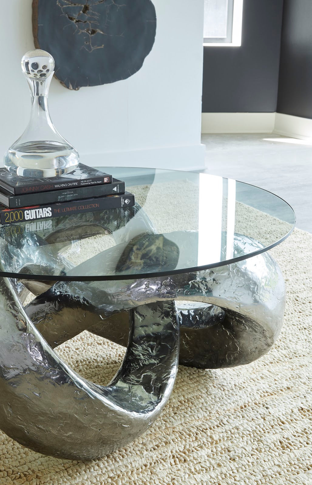 Trifoil Coffee Table, Liquid Silver w/Glass