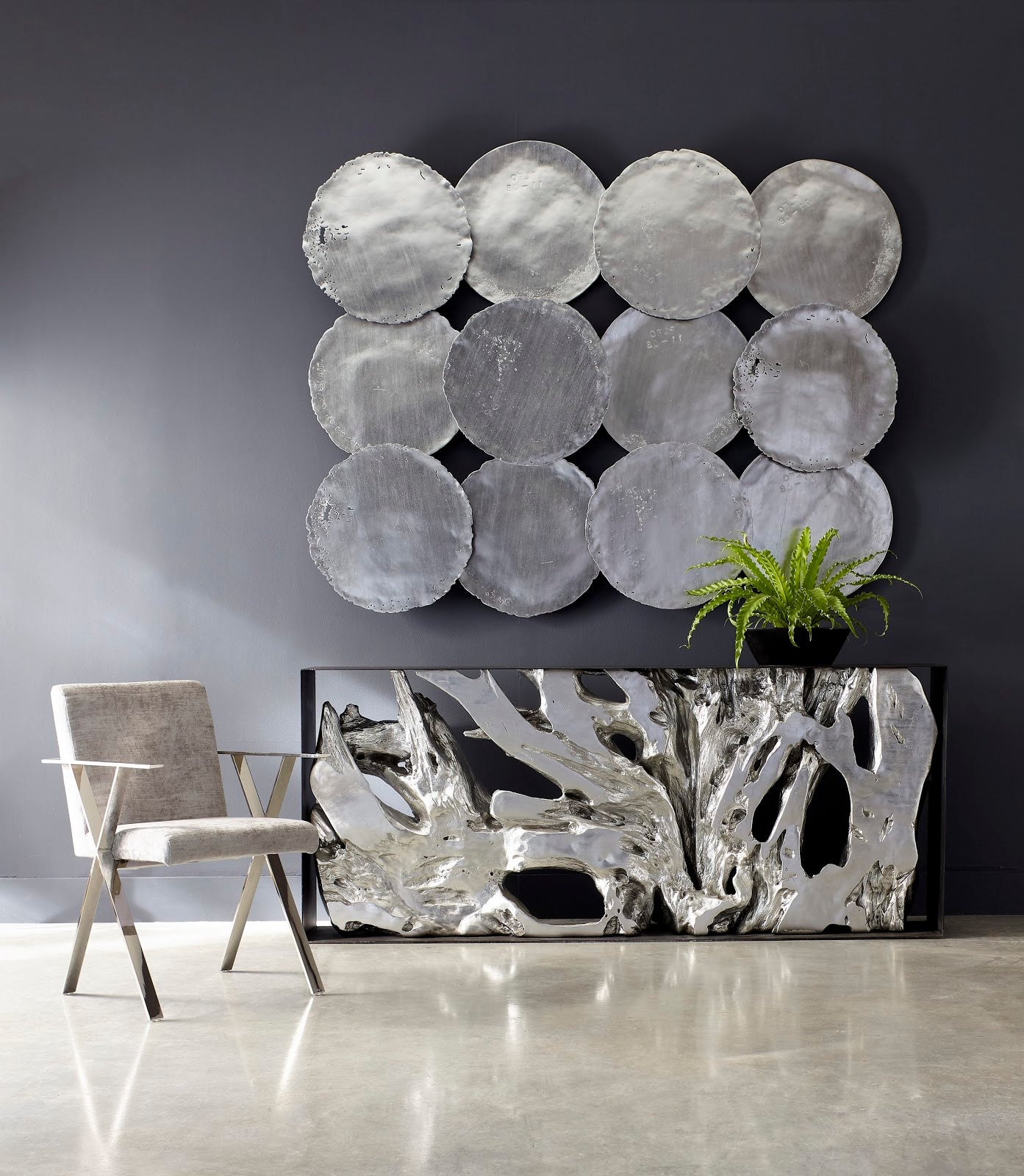 Cast Root Metal Framed Console Table, Resin, Silver Leaf, LG