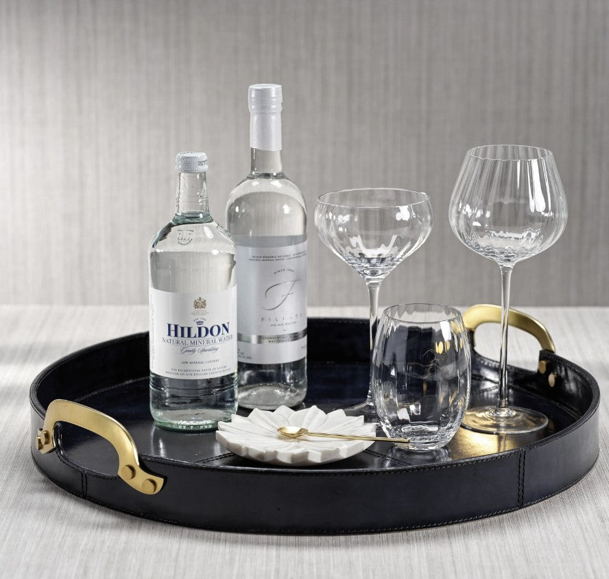 Savoy Leather with Brass Handles Round Tray - Blue and Golden