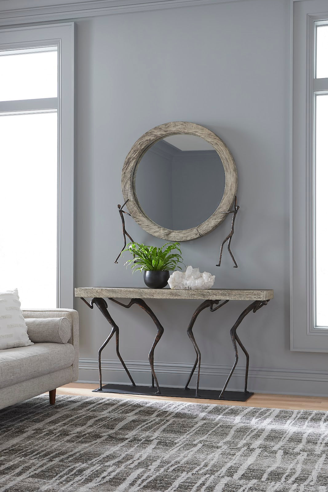 Atlas Console Table, Chamcha Wood, Gray Stone Finish, Metal