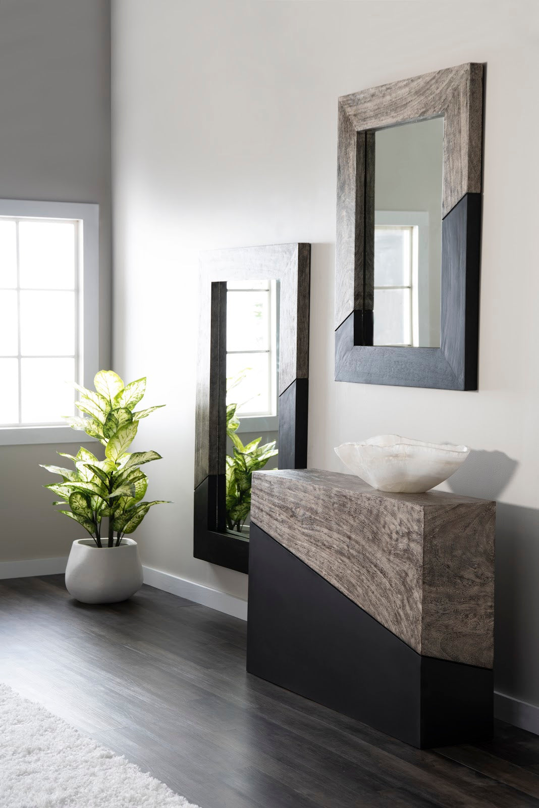 Geometry Wood Mirror, Gray Stone, Black