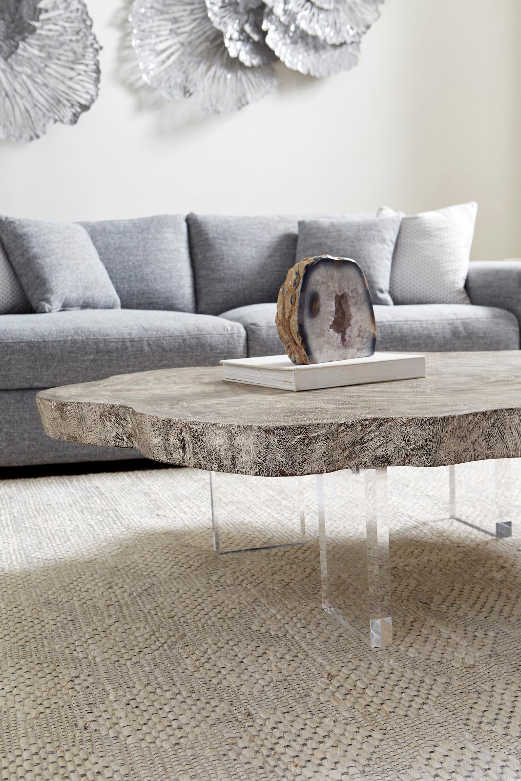 Floating Coffee Table on Acrylic Legs, Gray Stone, Size Varies