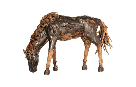Mustang Horse Armored  Sculpture, Grazing, Natural Bronze Finish