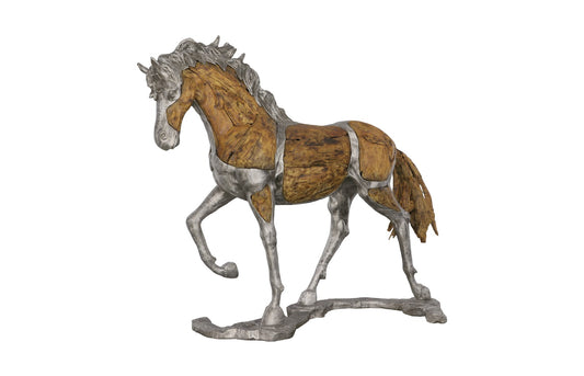 Mustang Horse Woodland Sculpture On Base, Walking