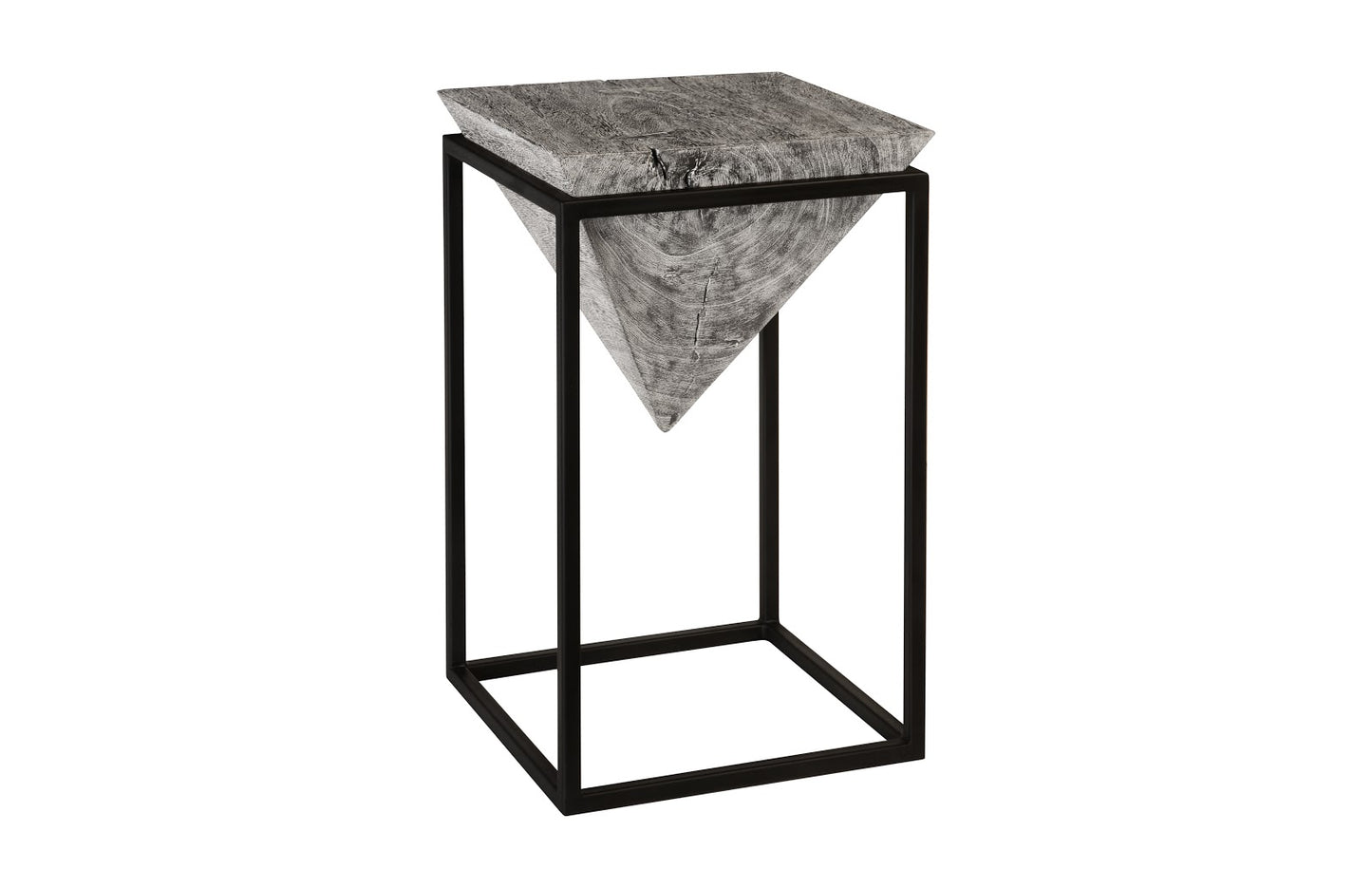Inverted Pyramid Side Table, Gray Stone, Wood/Metal, Black, LG