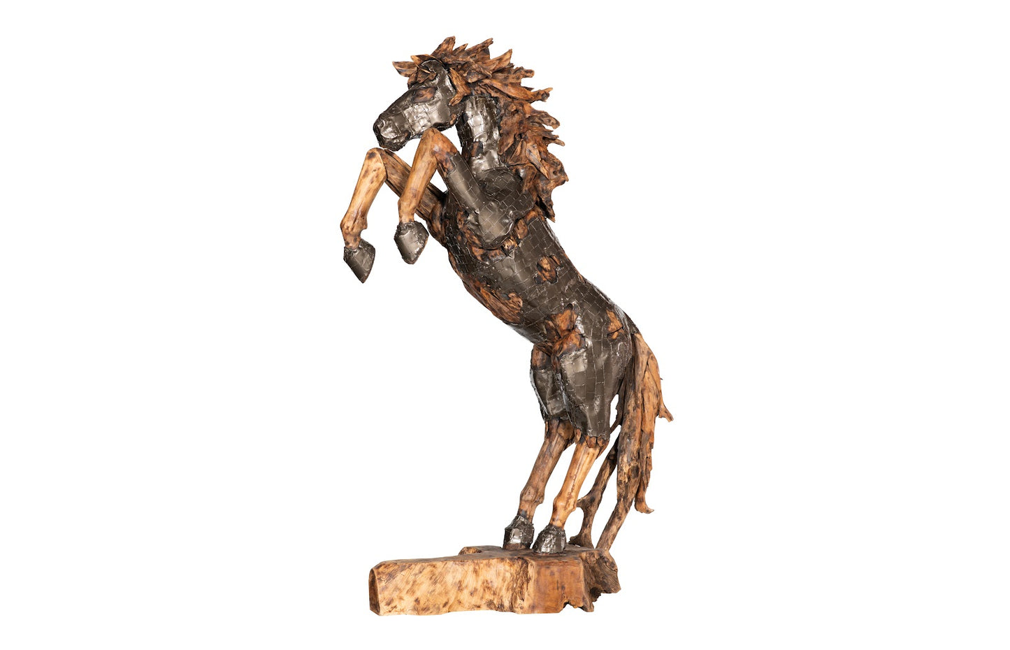 Mustang Horse Armored Sculpture, Rearing, Natural Bronze Finish