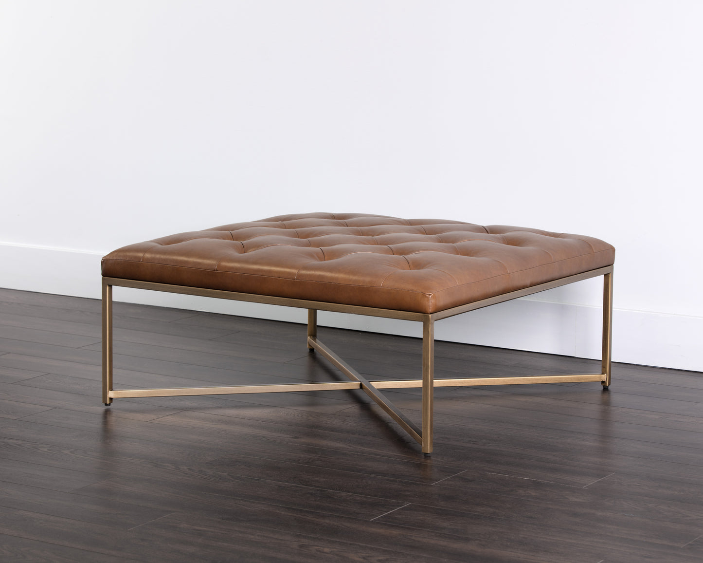 NAHLA ENDALL OTTOMAN - ANTIQUE BRASS - VINTAGE CAMEL LEATHER