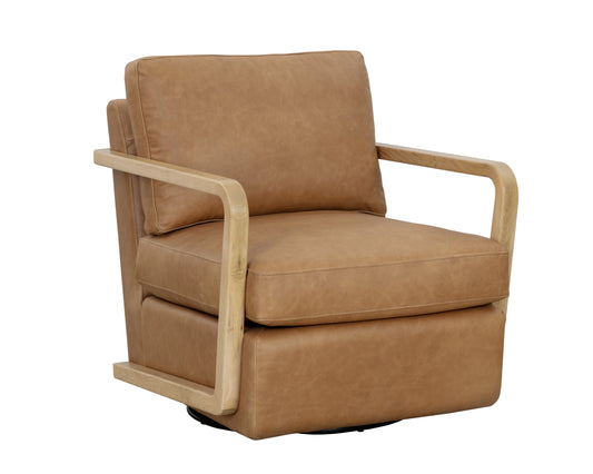 NAHLA CASTELL SWIVEL LOUNGE CHAIR - RUSTIC OAK - LUDLOW SESAME LEATHER