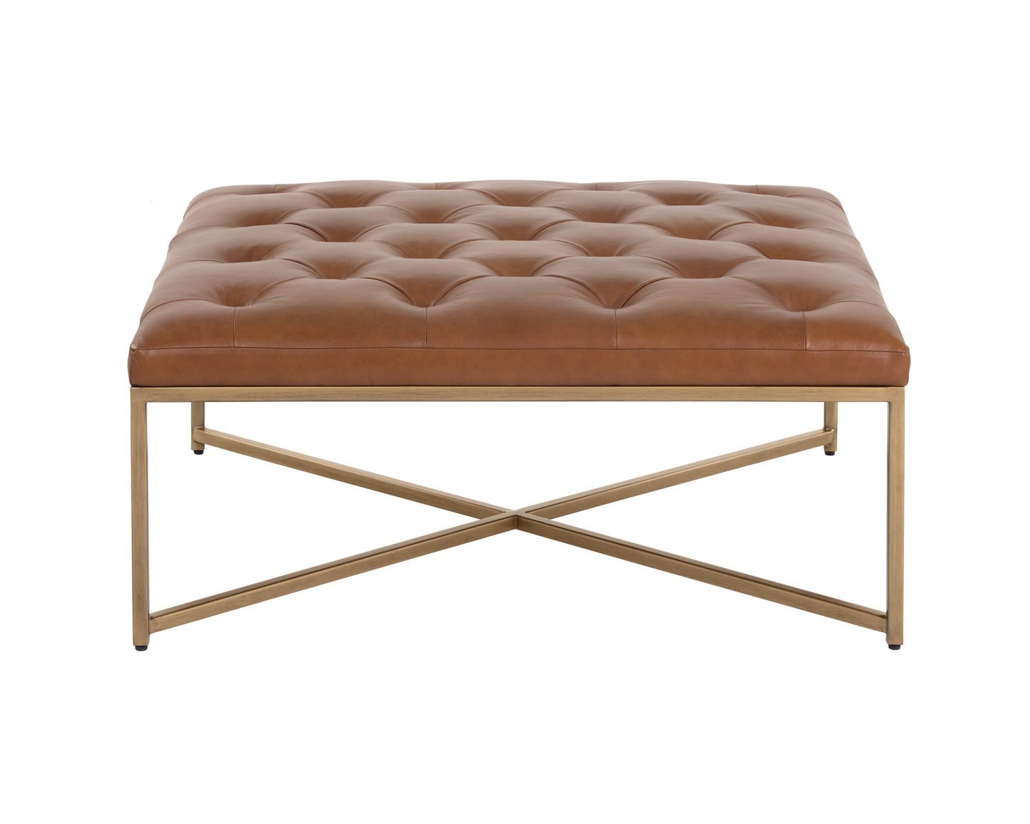 NAHLA ENDALL OTTOMAN - ANTIQUE BRASS - VINTAGE CAMEL LEATHER
