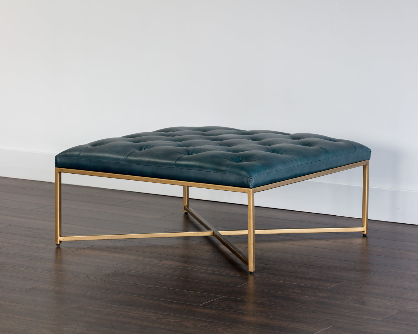 NAHLA ENDALL OTTOMAN - ANTIQUE BRASS - VINTAGE PEACOCK LEATHER