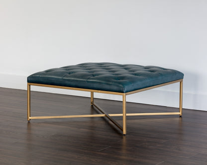 NAHLA ENDALL OTTOMAN - ANTIQUE BRASS - VINTAGE PEACOCK LEATHER