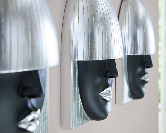 Fashion Faces Wall Art, Small, Black and Silver Leaf, Set of 3