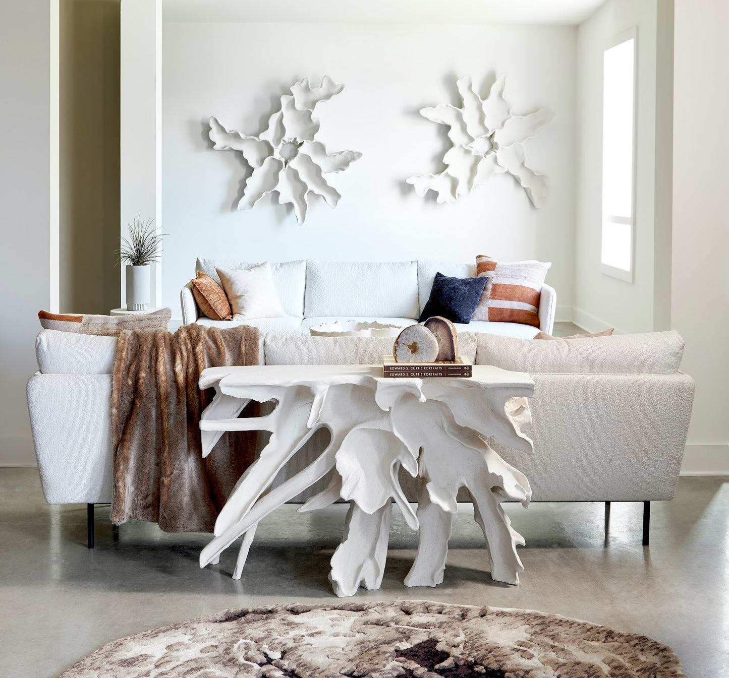 Cast Teak Root Console, White Stone