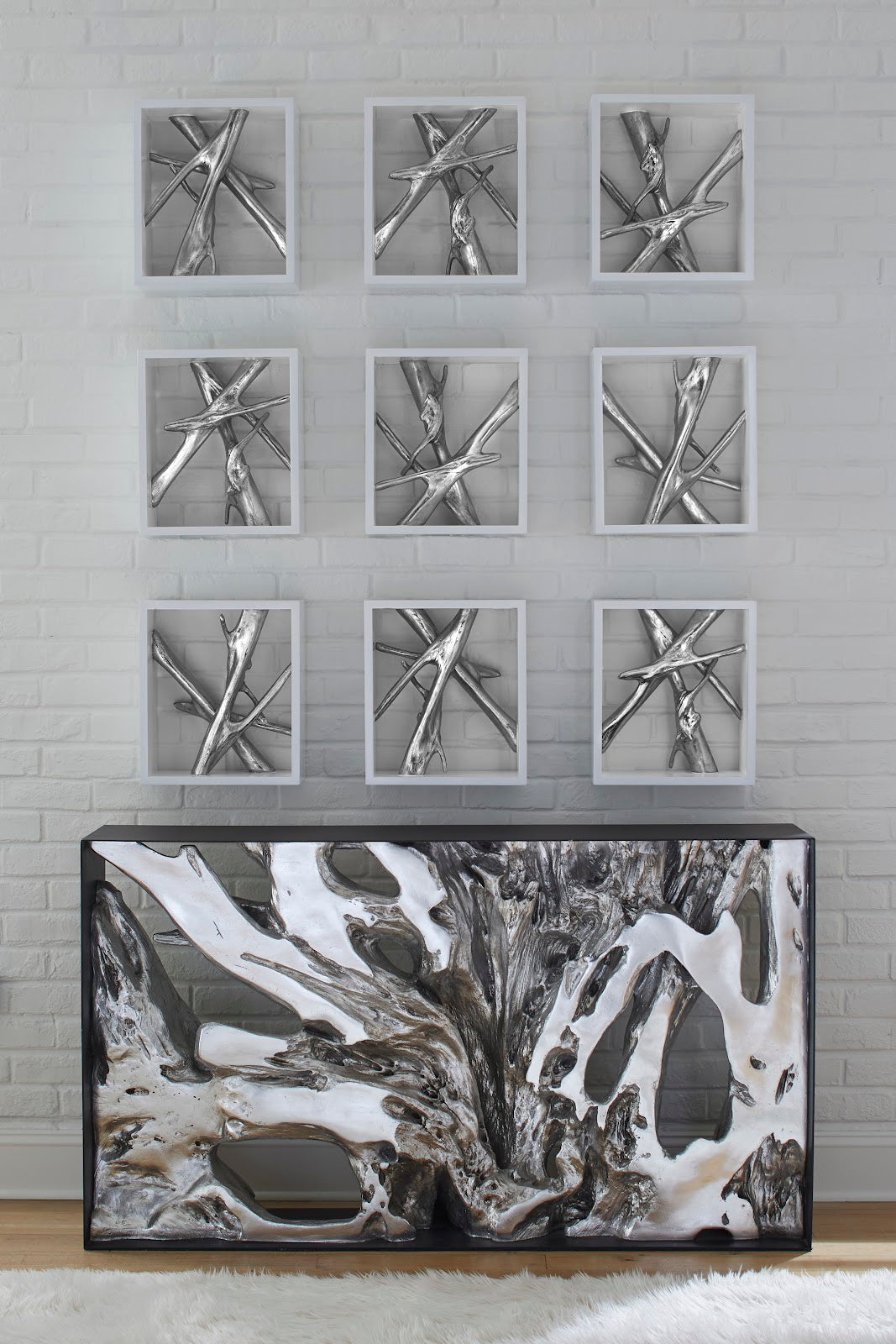 Framed Branches Wall Tile, White, Silver Leaf