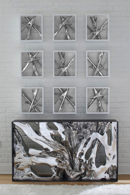 Framed Branches Wall Tile, White, Silver Leaf