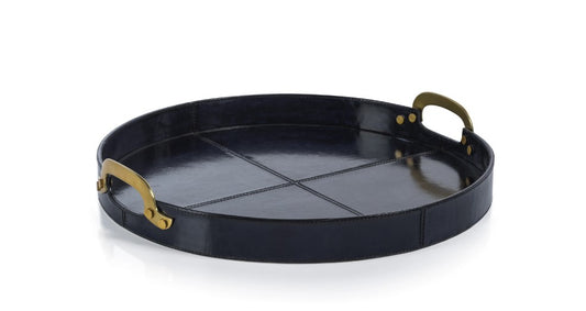 Savoy Leather with Brass Handles Round Tray - Blue and Golden