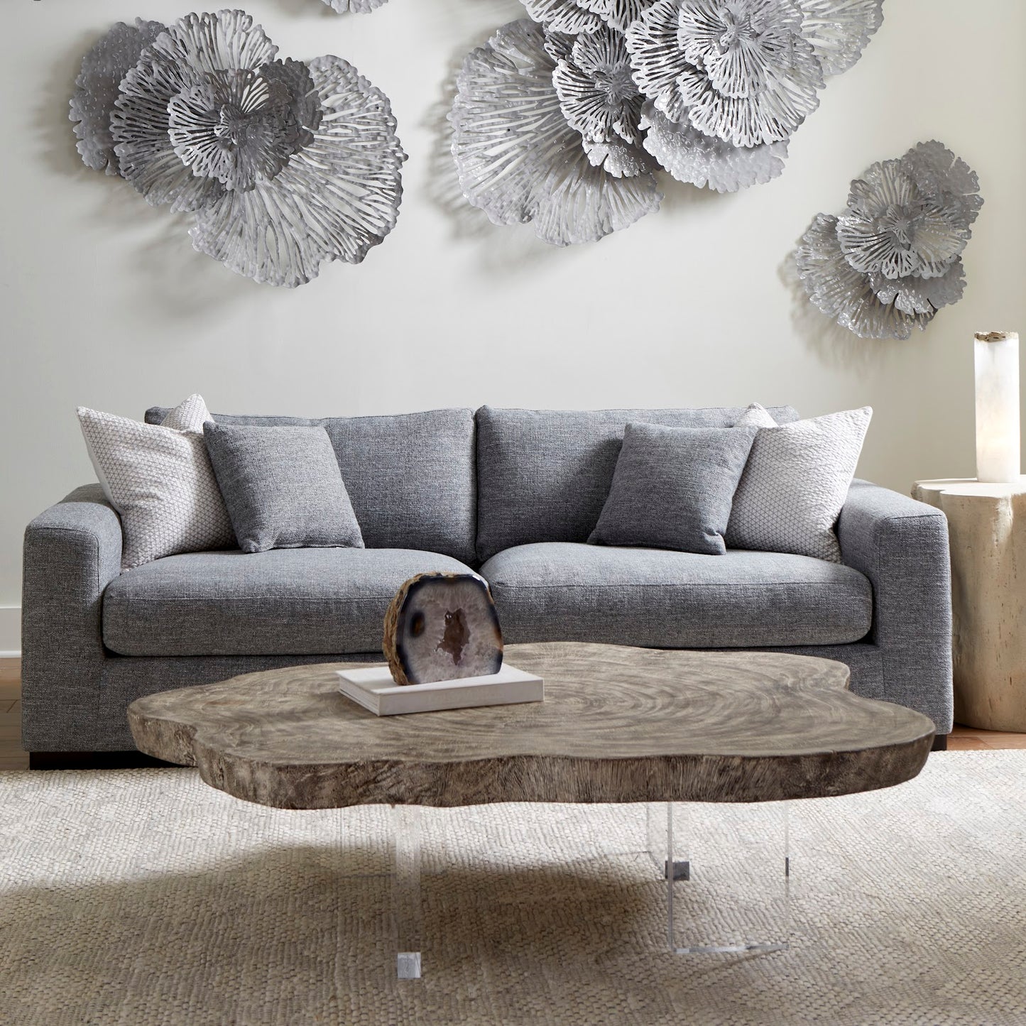 Floating Coffee Table on Acrylic Legs, Gray Stone, Size Varies