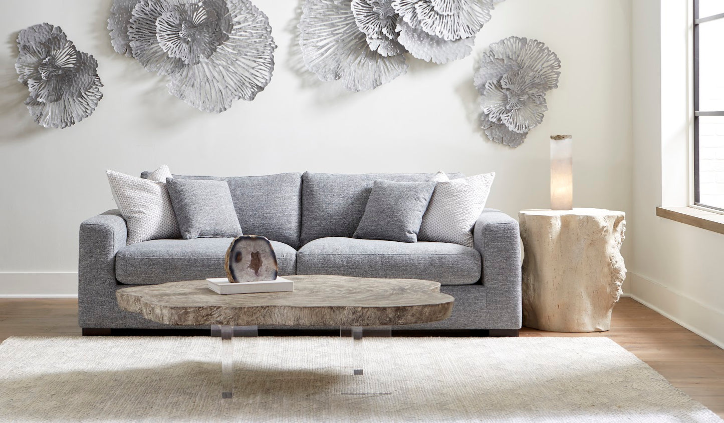 Floating Coffee Table on Acrylic Legs, Gray Stone, Size Varies