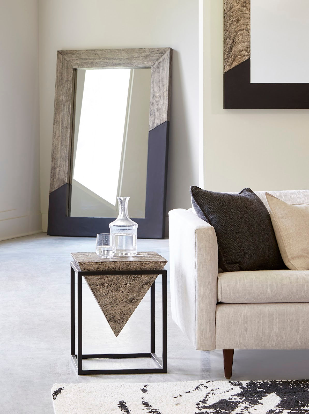 Inverted Pyramid Side Table, Gray Stone, Wood/Metal, Black, SM