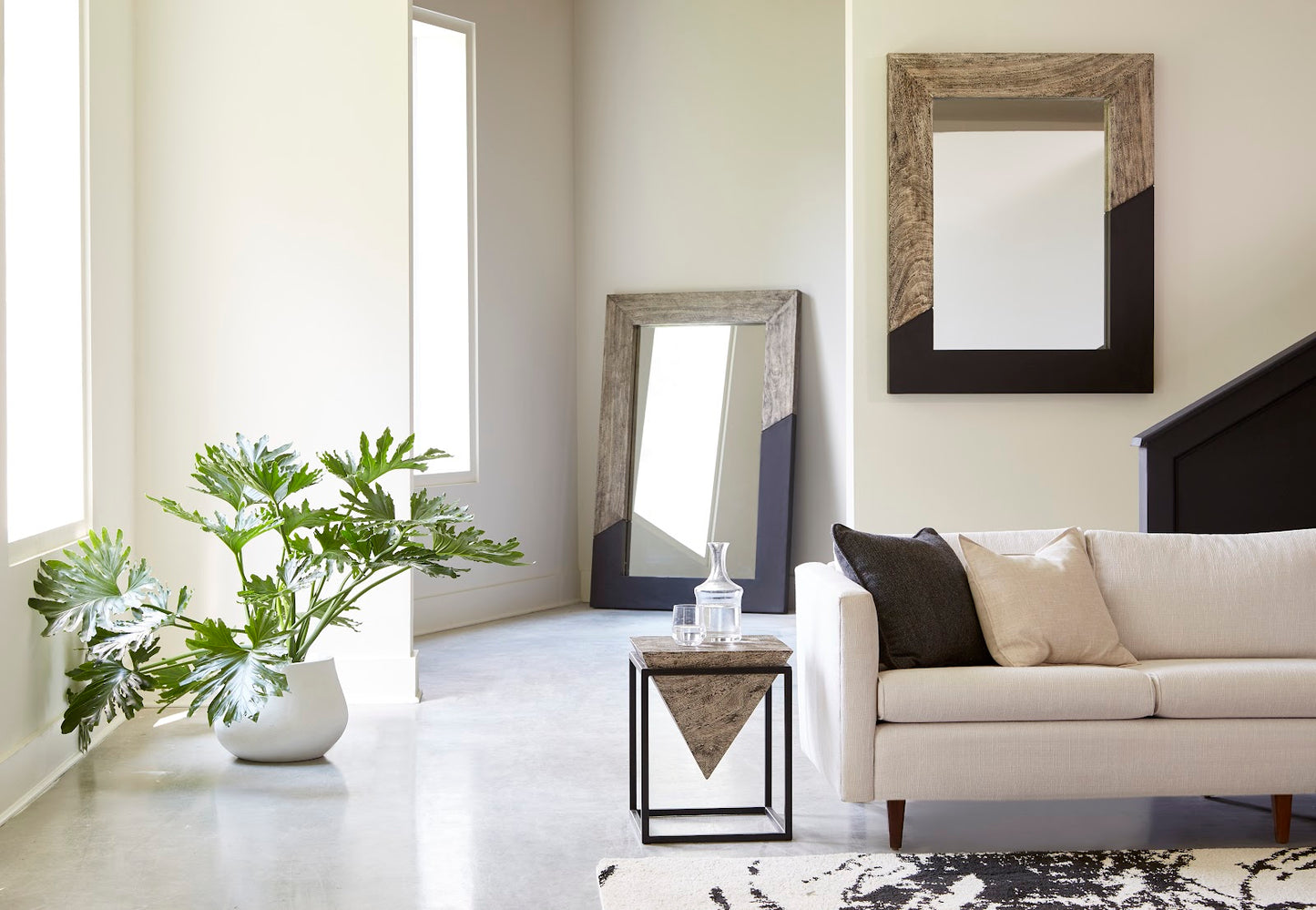 Inverted Pyramid Side Table, Gray Stone, Wood/Metal, Black, SM