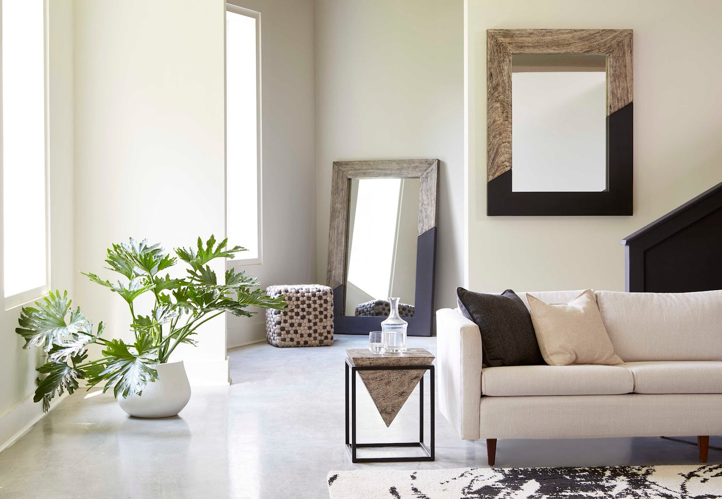 Inverted Pyramid Side Table, Gray Stone, Wood/Metal, Black, SM