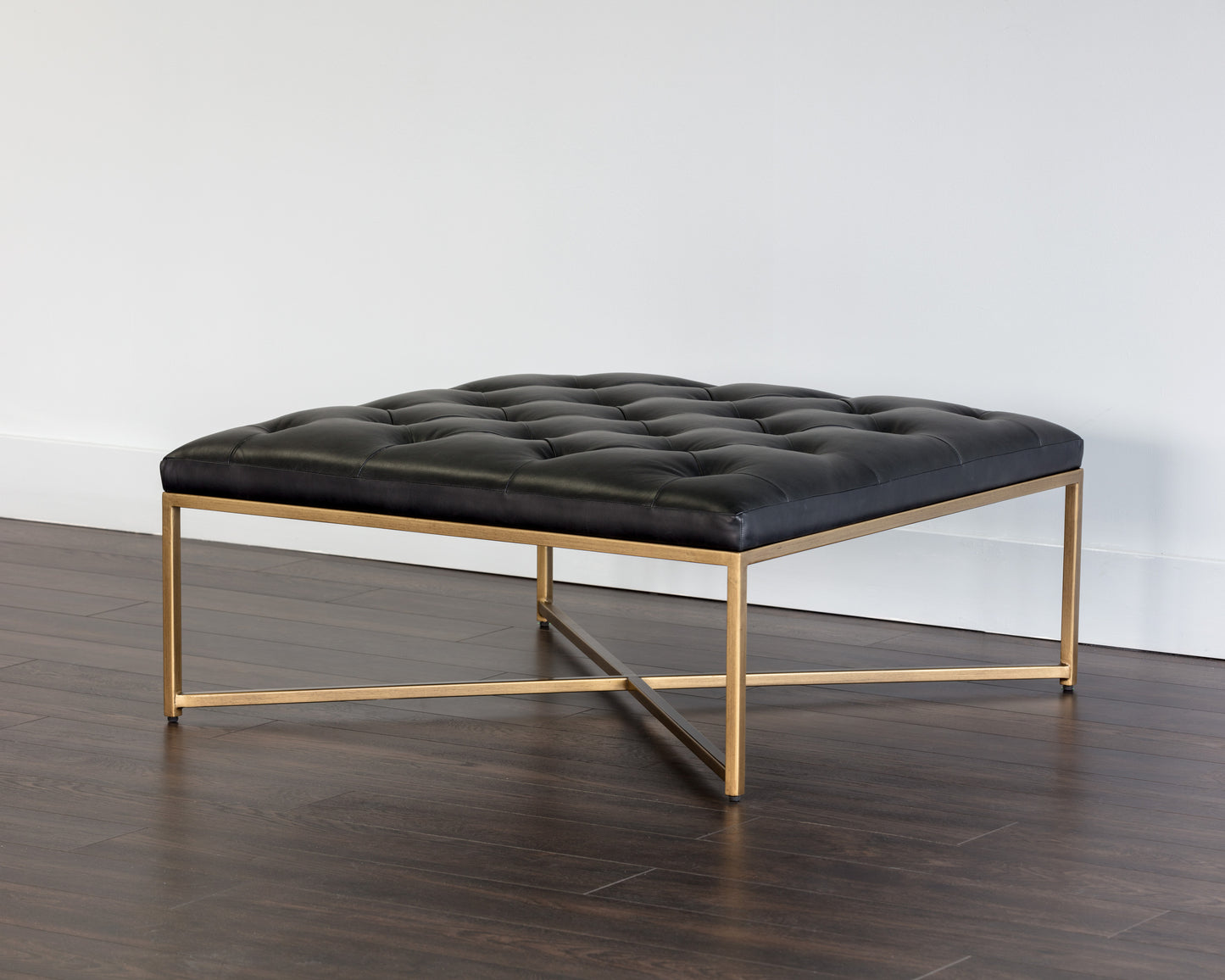 NAHLA ENDALL OTTOMAN - ANTIQUE BRASS - VINTAGE BLACK NIGHT LEATHER