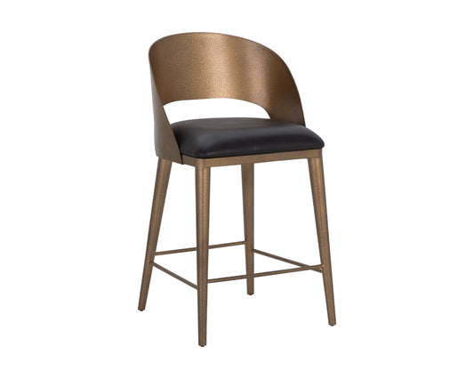 NAHLA DEZIRAE COUNTER STOOL - ANTIQUE BRASS - CHARCOAL BLACK LEATHER
