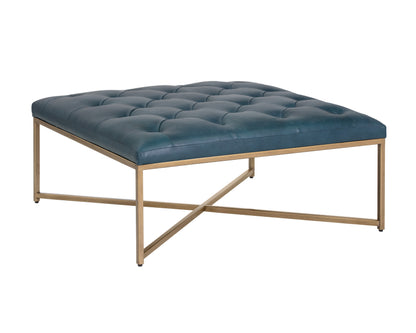 NAHLA ENDALL OTTOMAN - ANTIQUE BRASS - VINTAGE PEACOCK LEATHER
