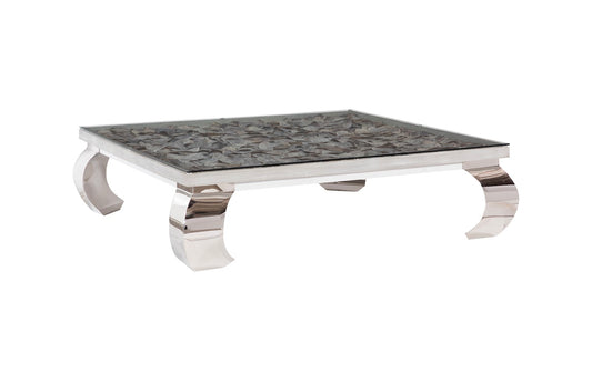 Shell Coffee Table, Glass Top, Ming Stainless Steel Legs