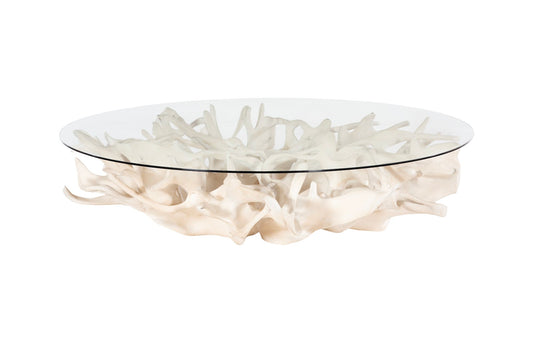 Cast Root Coffee Table, Faux Bleached Finish, With 82" Glass