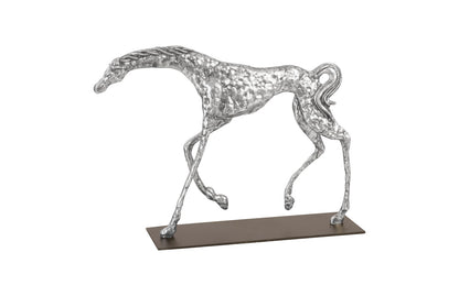 Prancing Horse Sculpture on Black Metal Base, Silver Leaf